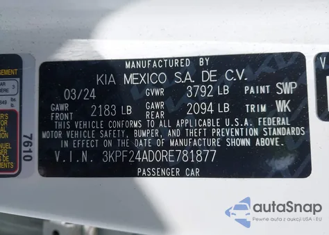 2024 Kia Forte Lxs z USA, uszkodzony, nr VIN 3KPF24AD0RE781877